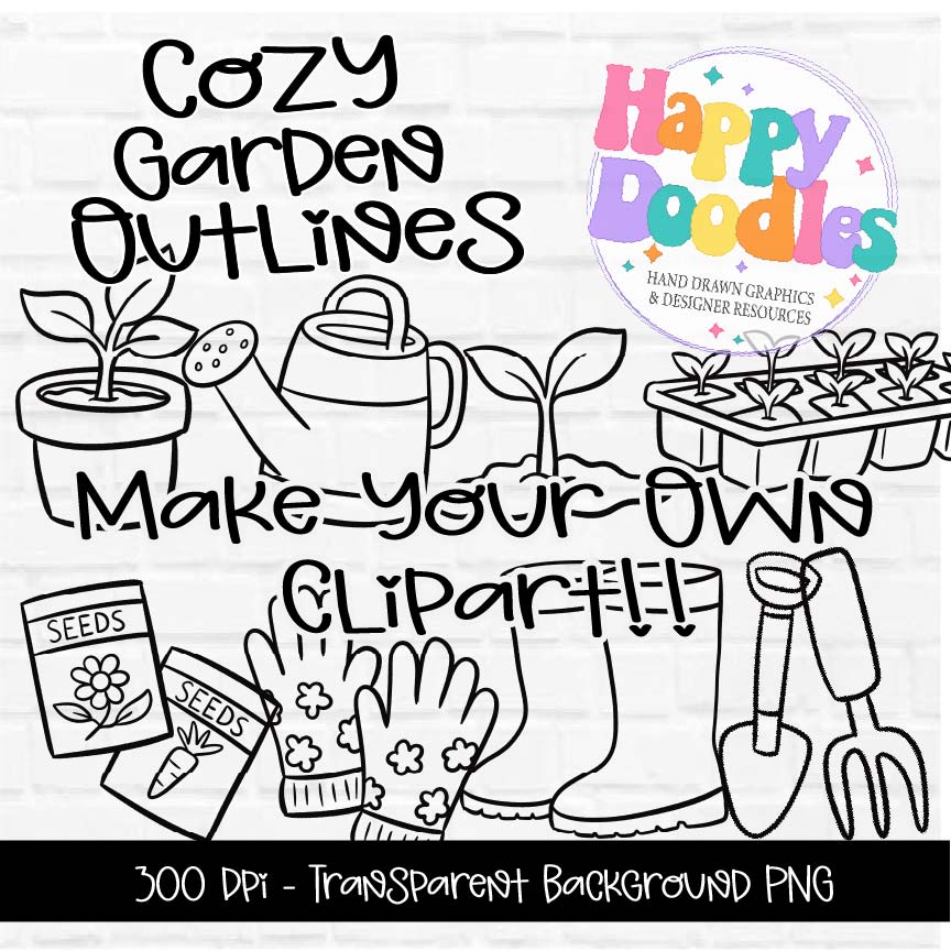 Cozy Garden Outline Bundle | Printable PNG Coloring & Clipart Templates - Happy Doodles Designs