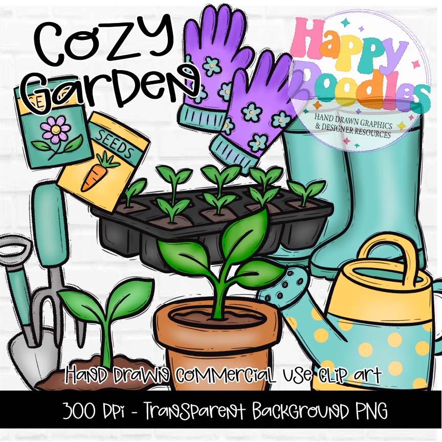 Cozy Garden Clipart Set | Printable PNG Garden Illustrations - Happy Doodles Designs