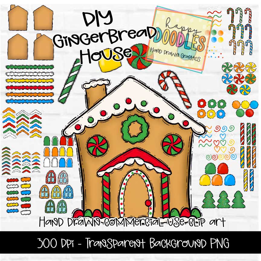 Gingerbread House DIY - Hand Drawn Commercial Use Clipart Graphics