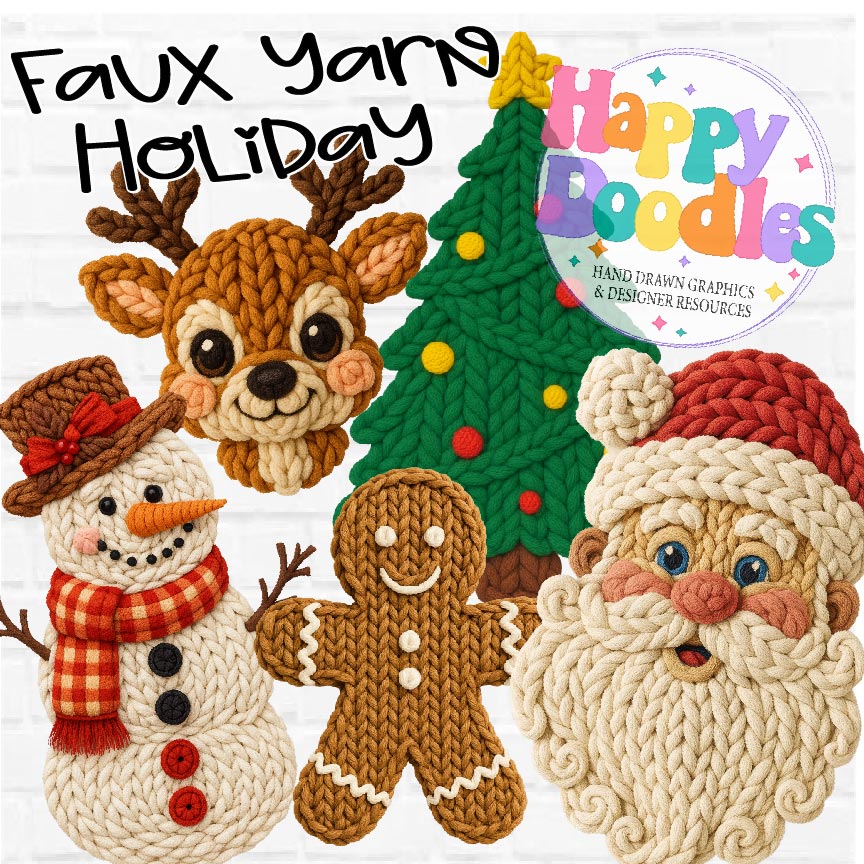 Faux Yarn Holiday Design Bundle | Printable PNG Clipart Set - Happy Doodles Designs