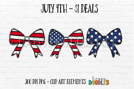 Flag Bows July 4th $1 Deal - Hand Drawn Commercial Use Clipart Graphics