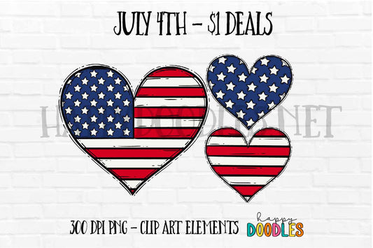 Flag Hearts July 4th $1 Deal - Hand Drawn Commercial Use Clipart Graphics