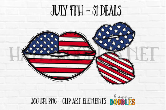 Flag Lips July 4th $1 Deal - Hand Drawn Commercial Use Clipart Graphics