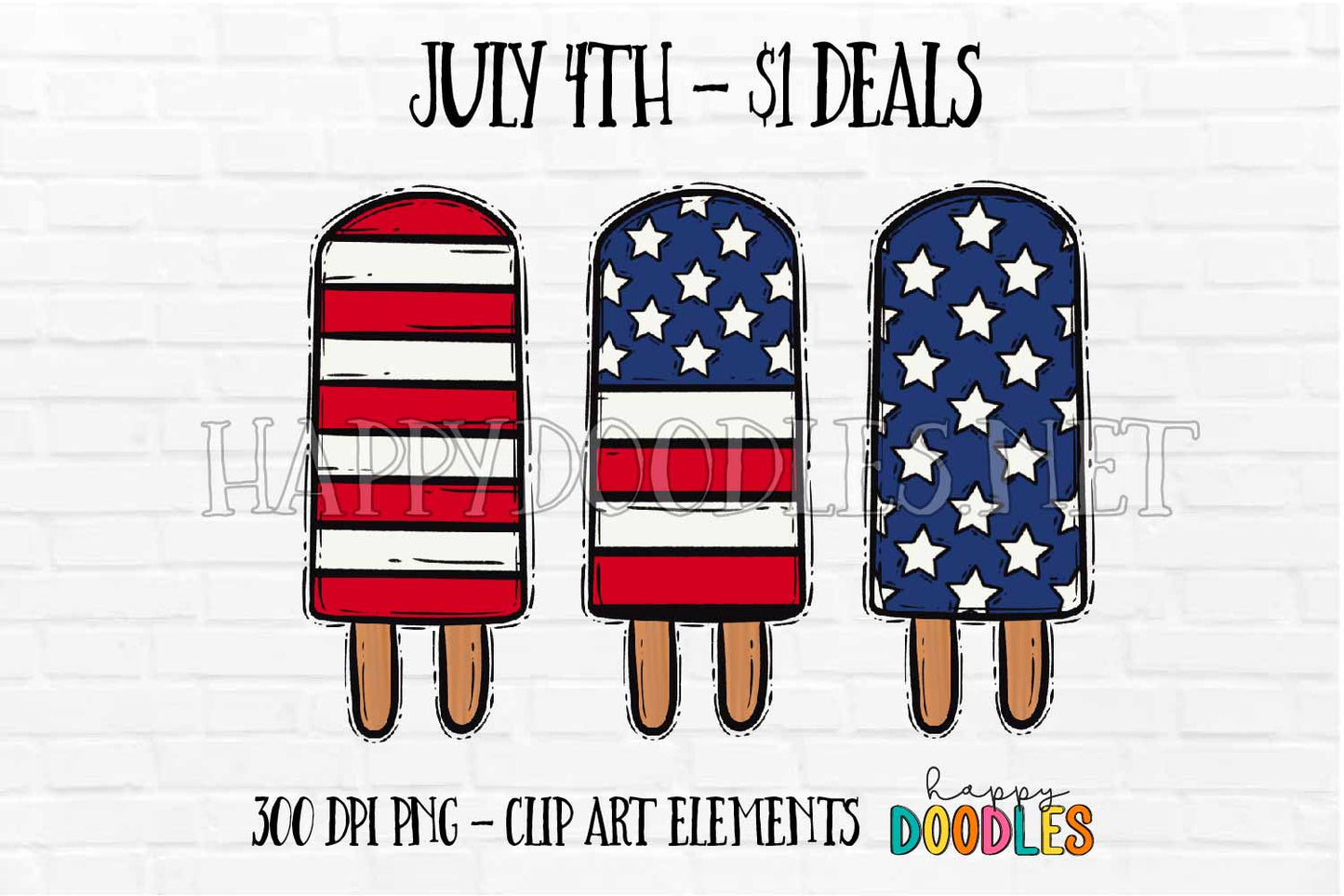 Flag Popsicle July 4th $1 Deal - Hand Drawn Commercial Use Clipart Graphics