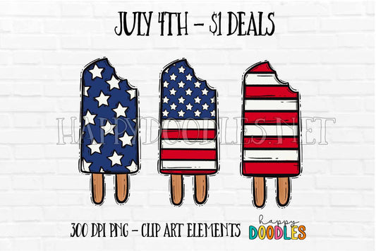 Flag Popsicle With Bite July 4th $1 Deal - Hand Drawn Commercial Use Clipart Graphics