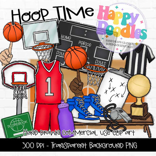 Hoop Time, Basketball, Hand Drawn Commercial Use Clipart Graphics 2024
