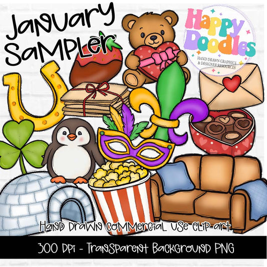 January Clipart Sample Pack | 13 Printable PNG Designs (Valentine, St. Patrick’s, Mardi Gras & More) - Happy Doodles Designs