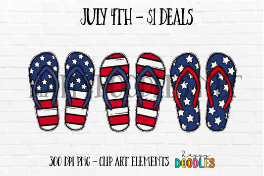 Flip Flops July 4th $1 Deal - Hand Drawn Commercial Use Clipart Graphics