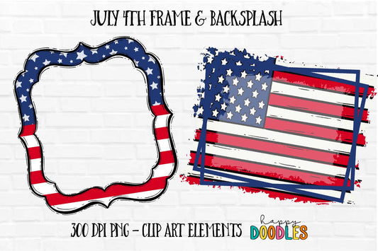 July 4th Flag Frame and Backsplash Set - Hand Drawn Commercial Use Clipart Graphics