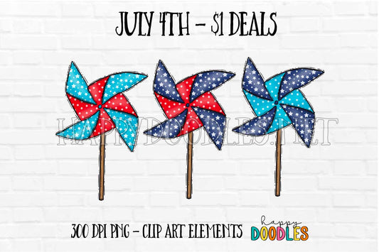 Pinwheels July 4th $1 Deal - Hand Drawn Commercial Use Clipart Graphics