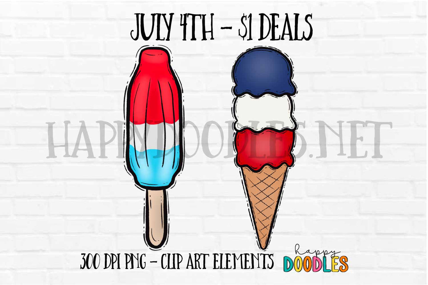 Ice Cream Popsicle July 4th $1 Deal - Hand Drawn Commercial Use Clipart Graphics