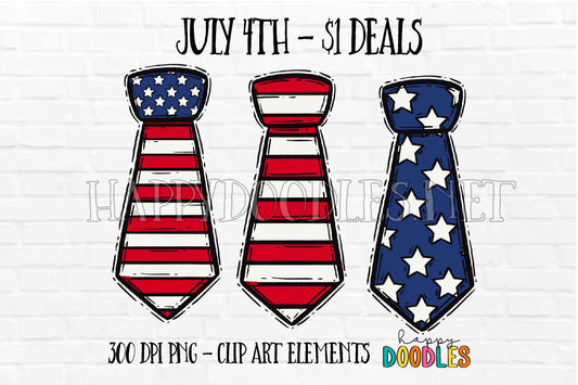 Flag Ties July 4th $1 Deal - Hand Drawn Commercial Use Clipart Graphics