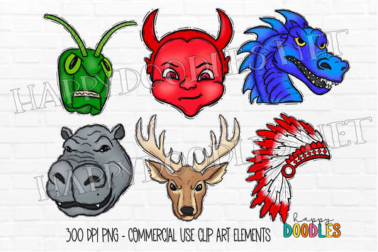 School Mascot Faces Bundle - Vol 9 - Hand Drawn Commercial Use Clipart Graphics