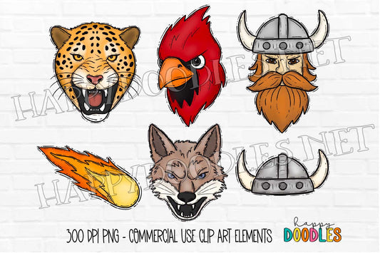 School Mascot Faces Bundle - Vol 3  - Hand Drawn Commercial Use Clipart Graphics