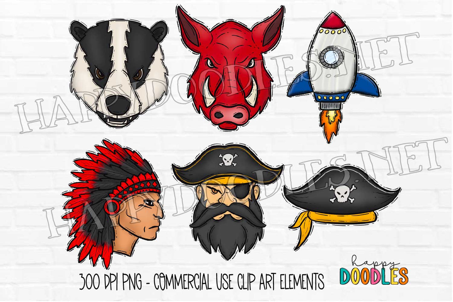 School Mascot Faces Bundle - Vol 4  - Hand Drawn Commercial Use Clipart Graphics