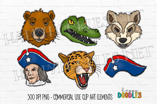 School Mascot Faces Bundle - Vol 5  - Hand Drawn Commercial Use Clipart Graphics