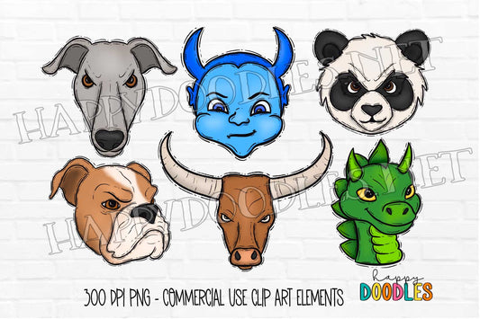 School Mascot Faces Bundle - Vol 7 - Hand Drawn Commercial Use Clipart Graphics