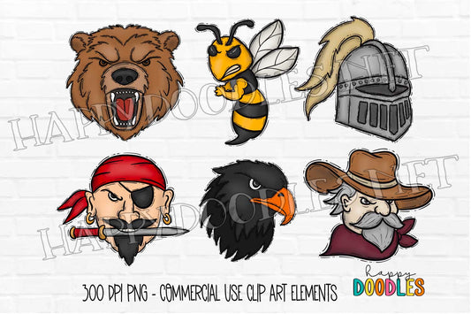 School Mascot Faces Bundle - Vol 10 - Hand Drawn Commercial Use Clipart Graphics