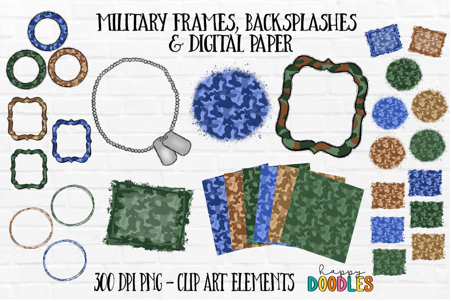 Military Frames & Backsplashes Bundle - Hand Drawn Commercial Use Clipart Graphics