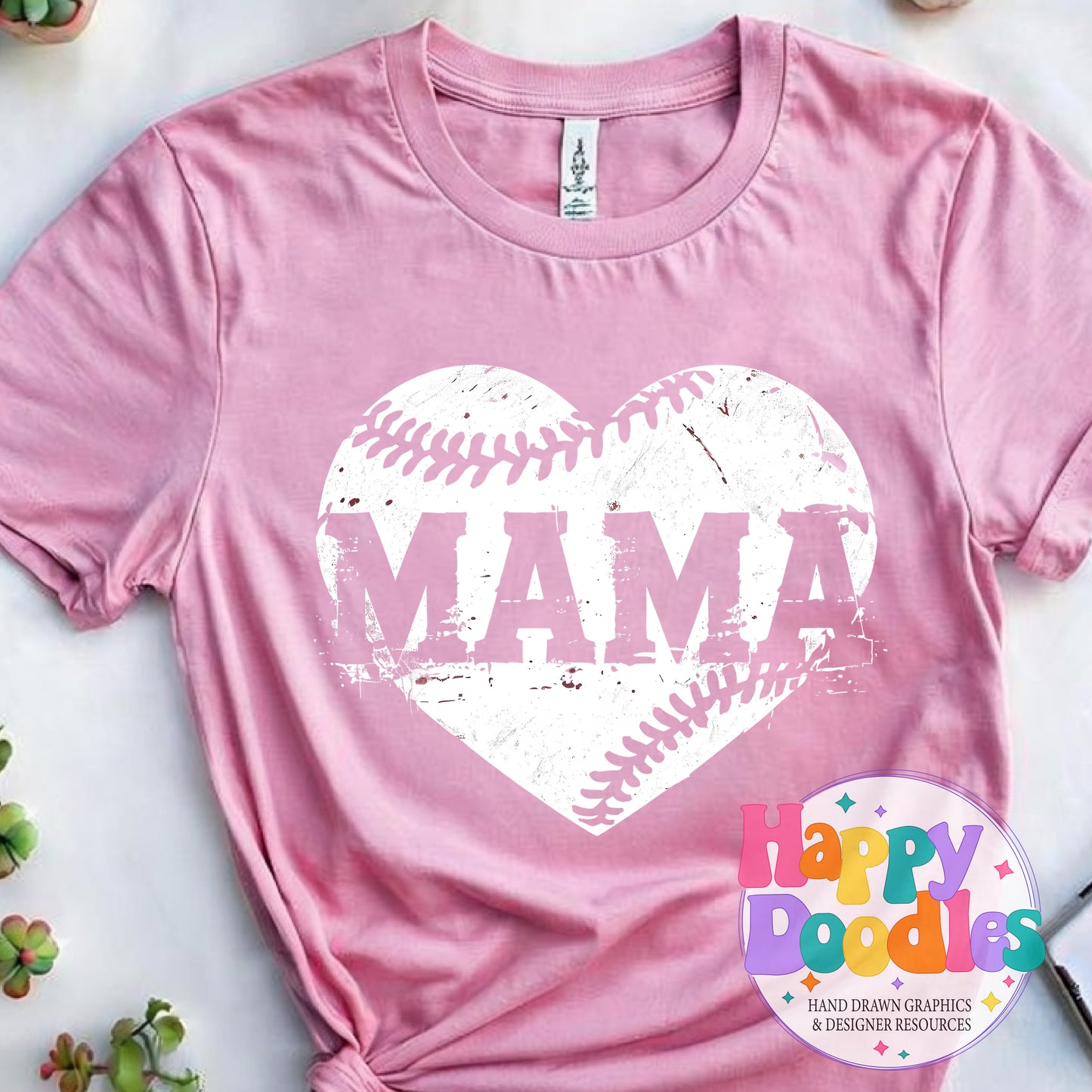 Mama Baseball Heart Distressed Printable PNG T-Shirt Design - Happy Doodles Designs
