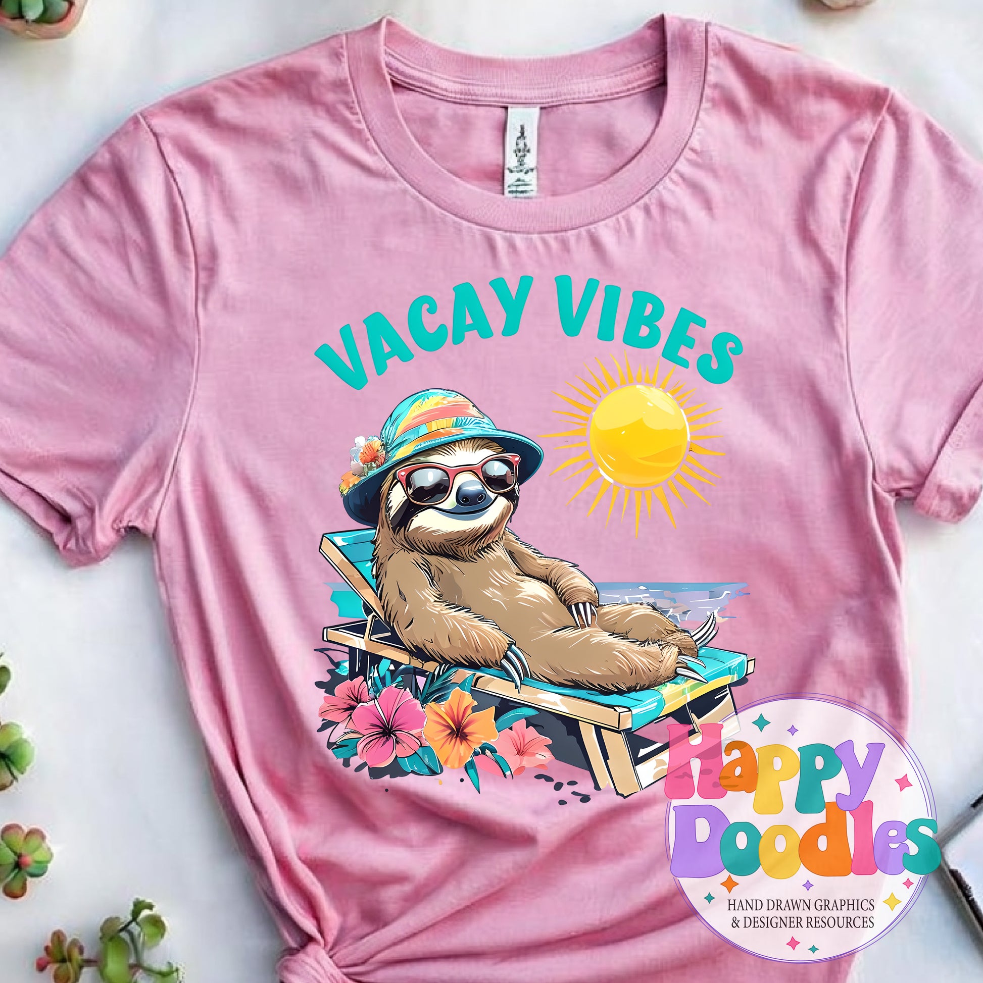 Vacay Vibes Sloth High Resolution Printable PNG - Happy Doodles Designs