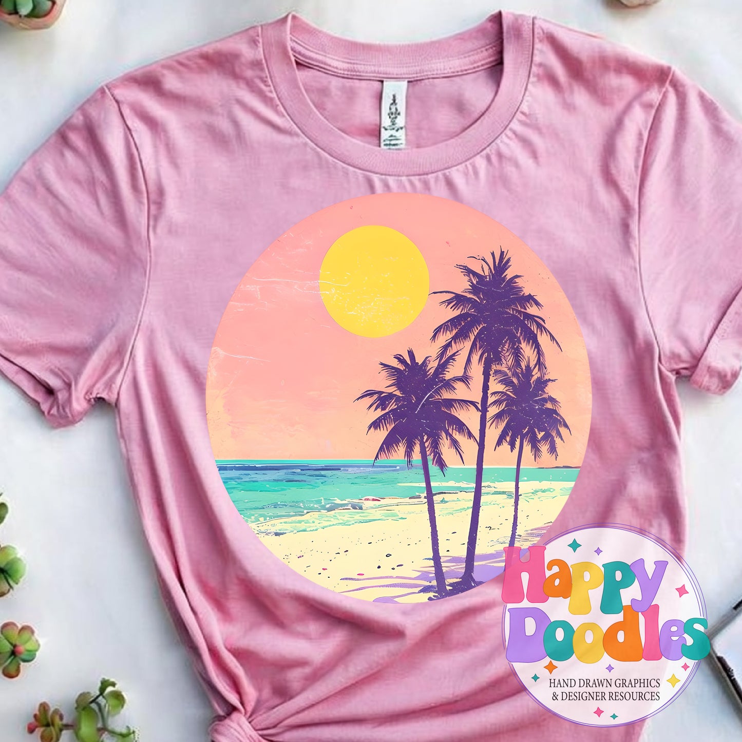 Vintage Pink Palm Tree Background High Resolution Printable PNG - Happy Doodles Designs