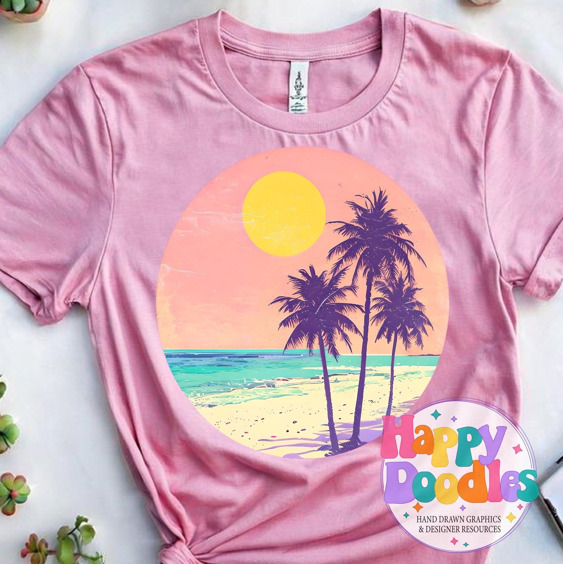 Vintage Pink Palm Tree Background High Resolution Printable PNG - Happy Doodles Designs