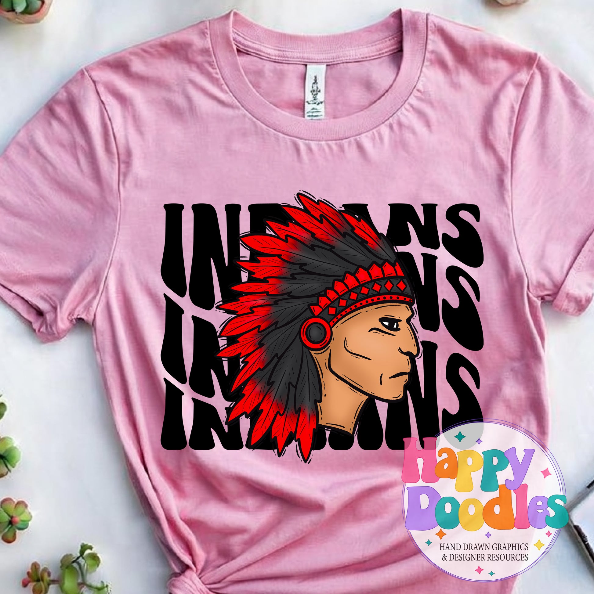 Wavy Retro Indians Mascot Printable PNG - Happy Doodles Designs
