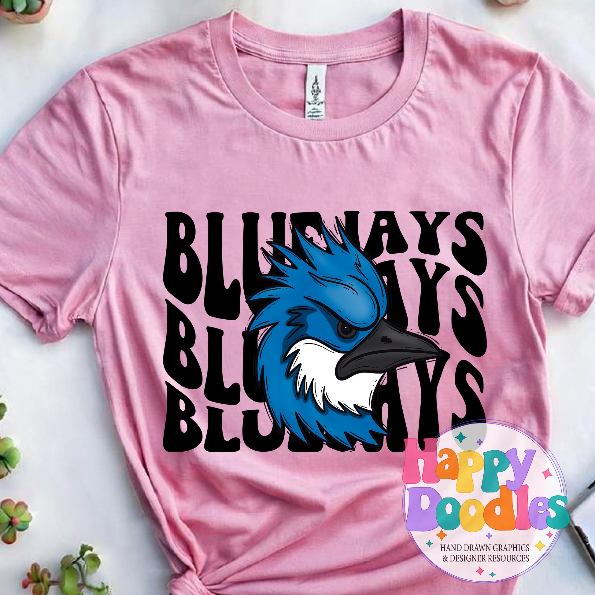 Wavy Retro Bluejays Mascot Printable PNG T‑Shirt Design - Happy Doodles Designs