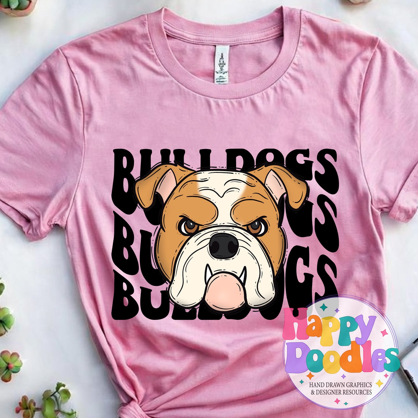 Wavy Retro Bulldogs Mascot DIY Printable T‑Shirt Design - Happy Doodles Designs