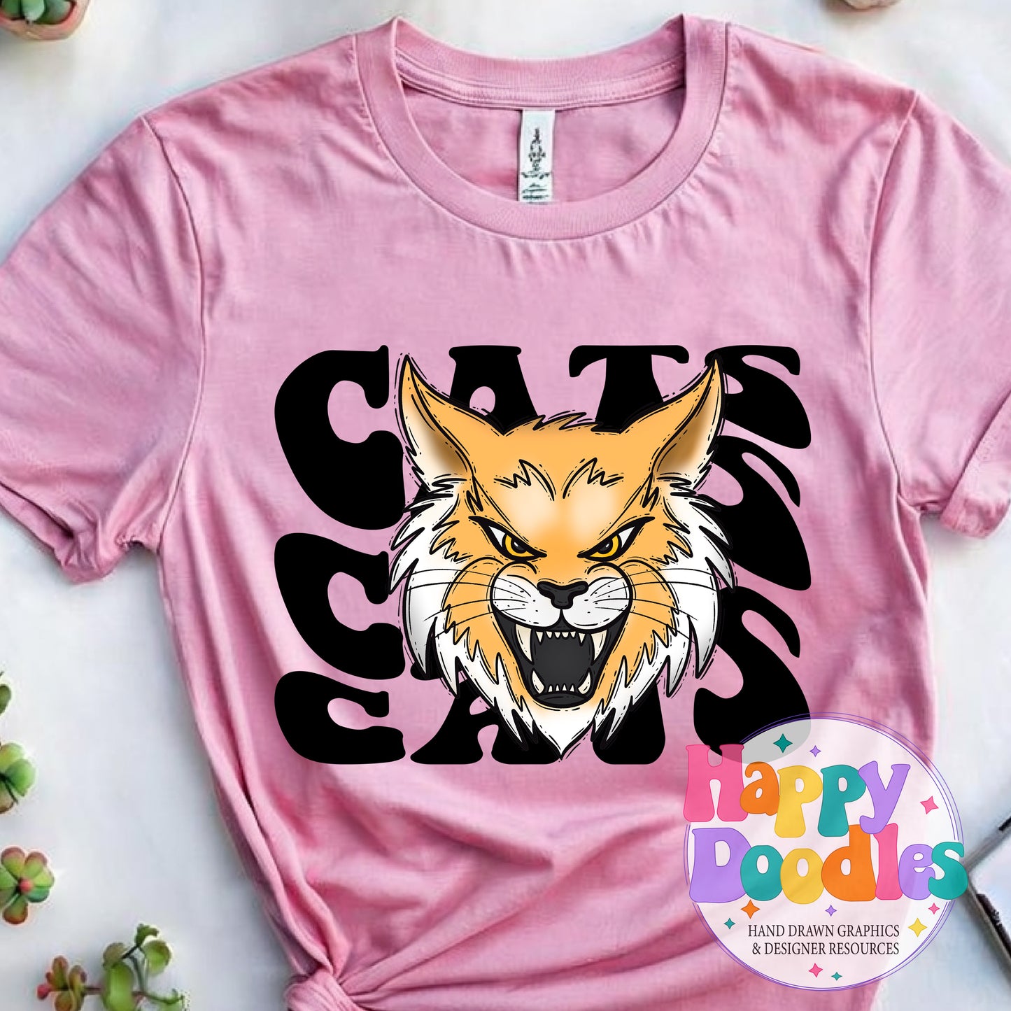 Wavy Retro Cats Mascot T‑Shirt Printable PNG Download - Happy Doodles Designs