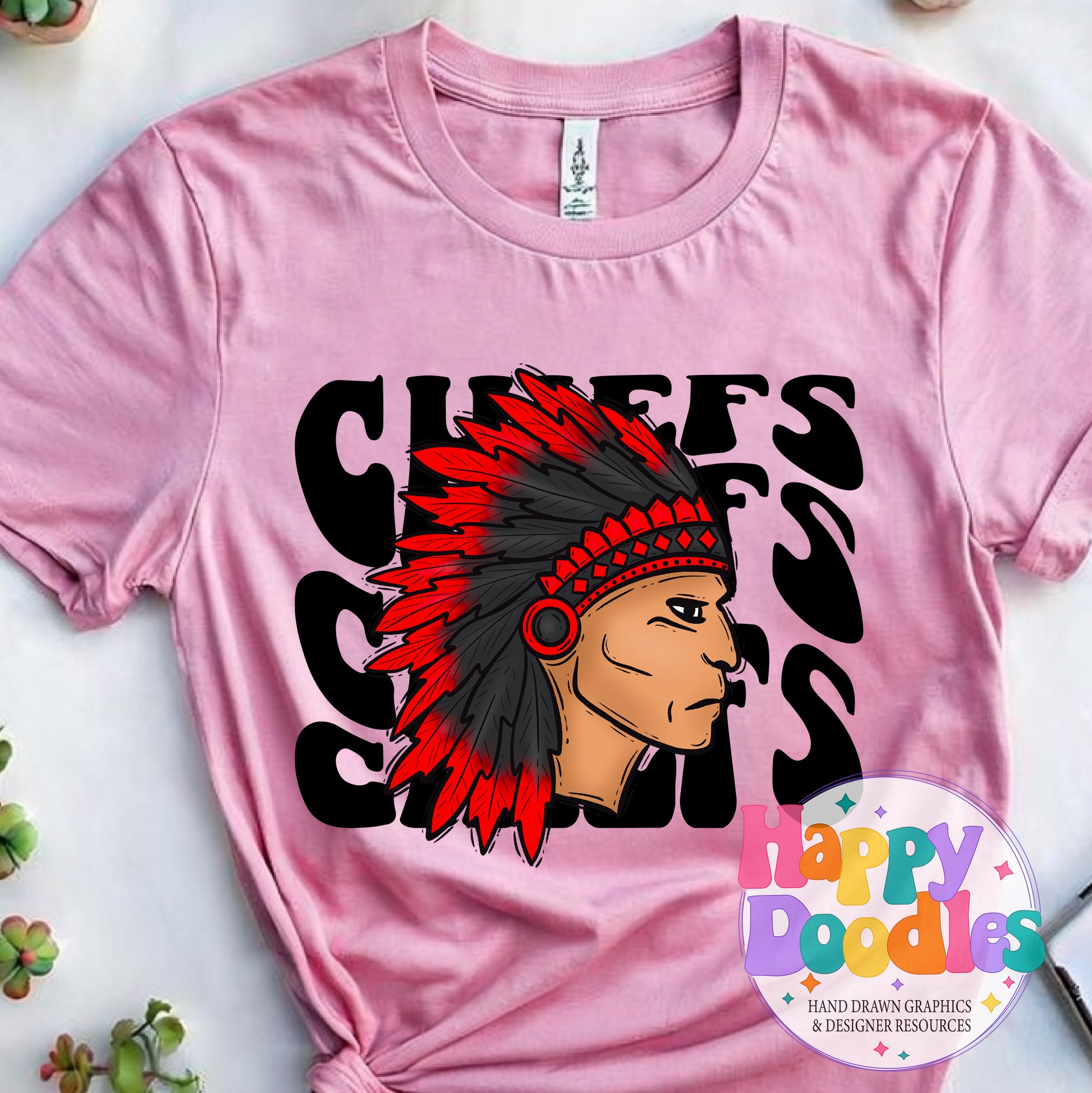 Wavy Retro Chiefs Mascot Printable PNG T‑Shirt Design - Happy Doodles Designs