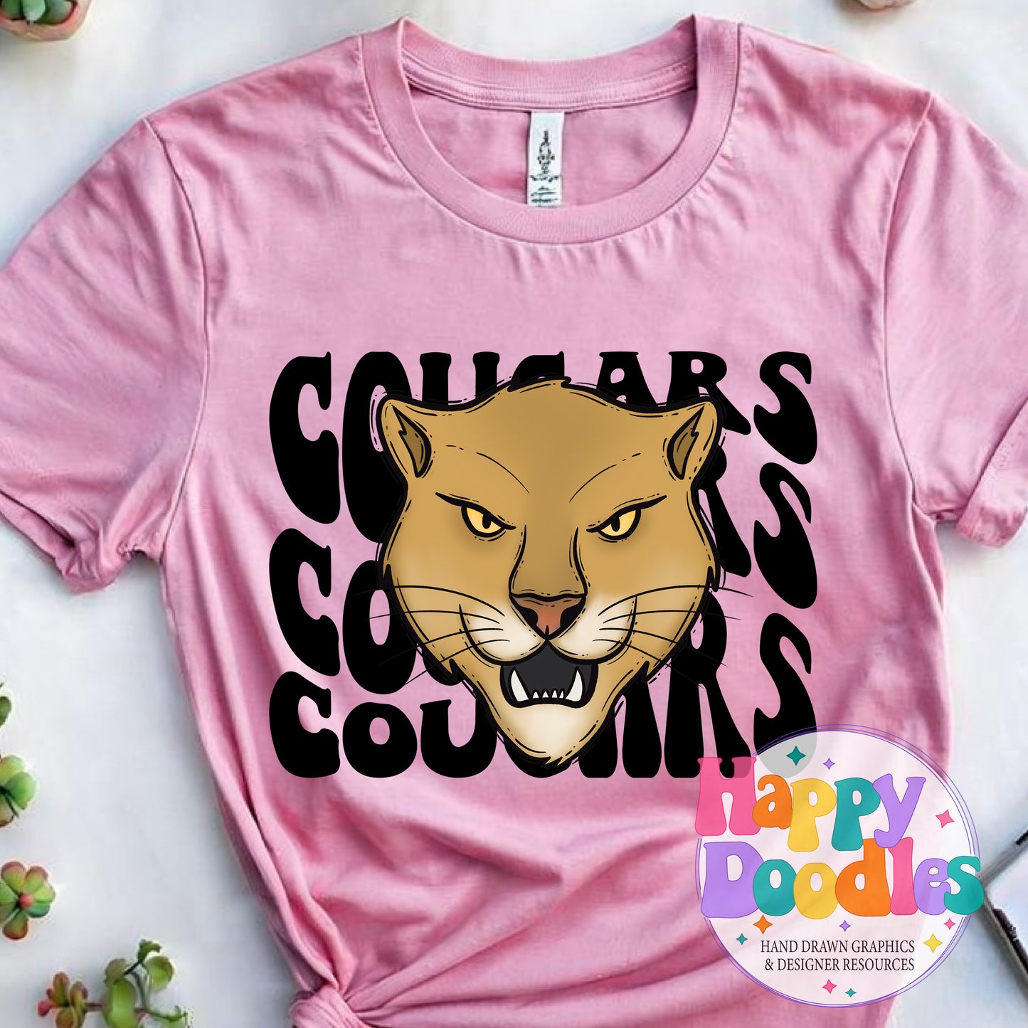 Wavy Retro Cougars Mascot Printable PNG for Sublimation & Crafts - Happy Doodles Designs