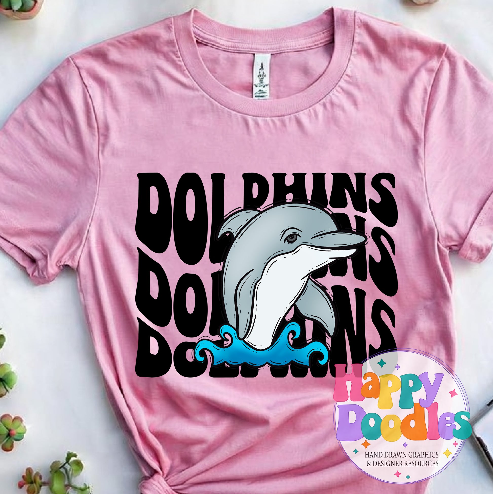 Wavy Retro Dolphins Mascot T‑Shirt Printable PNG Download - Happy Doodles Designs