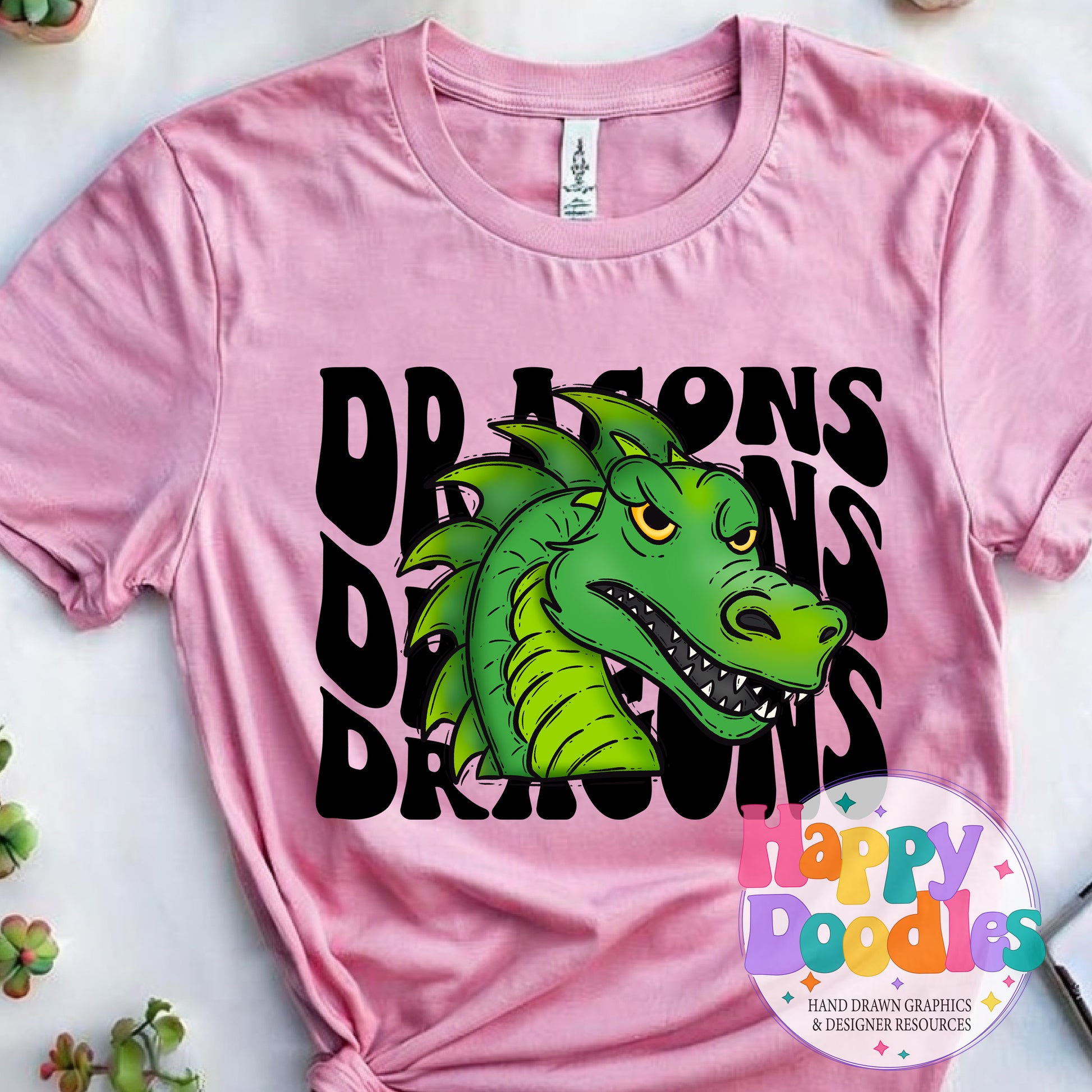 Wavy Retro Dragons Mascot Printable PNG - Happy Doodles Designs