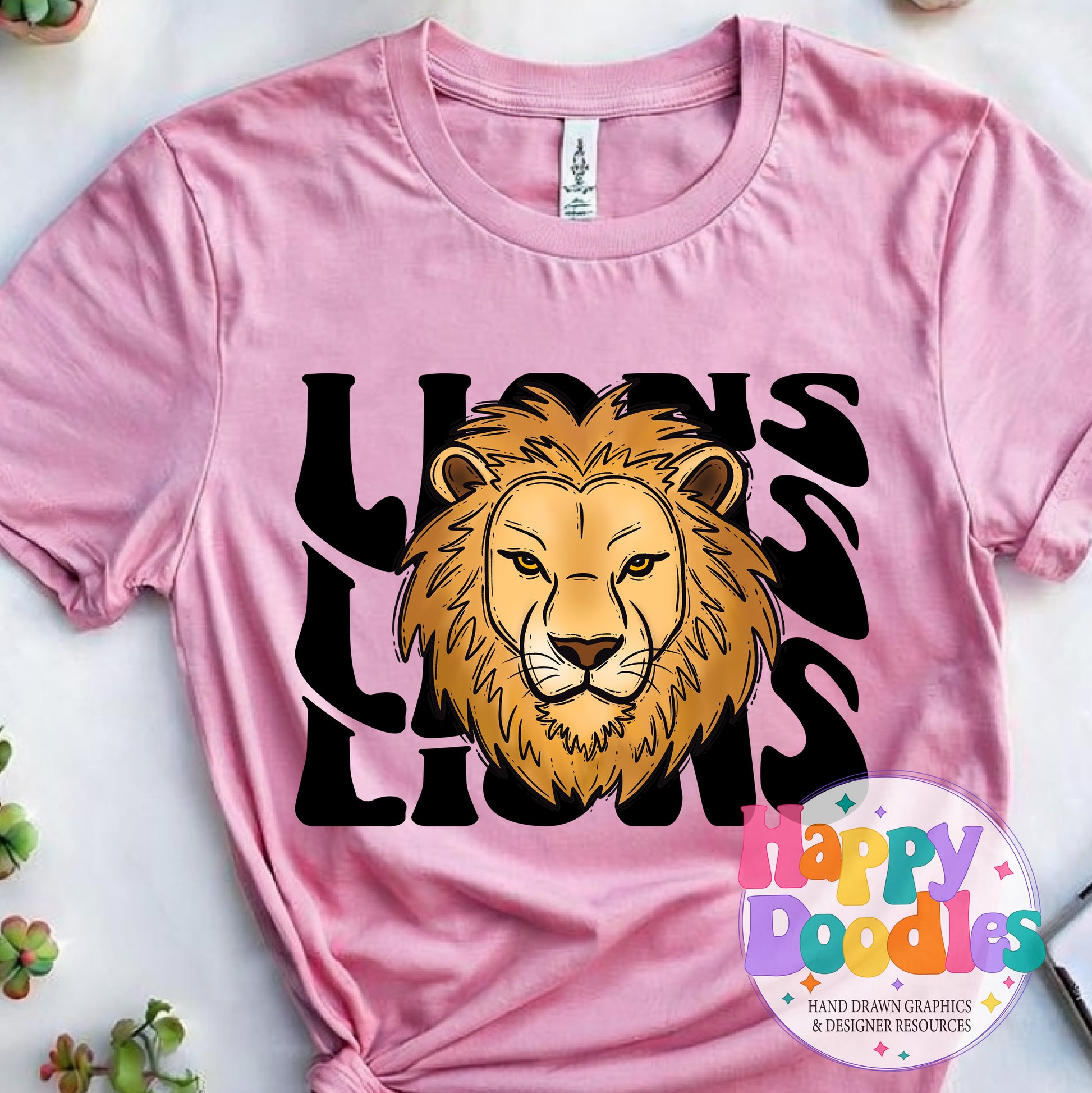 Wavy Retro Lions Mascot DIY Printable T‑Shirt Design - Happy Doodles Designs