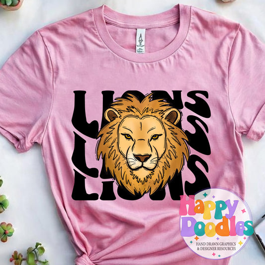 Wavy Retro Lions Mascot DIY Printable T‑Shirt Design - Happy Doodles Designs