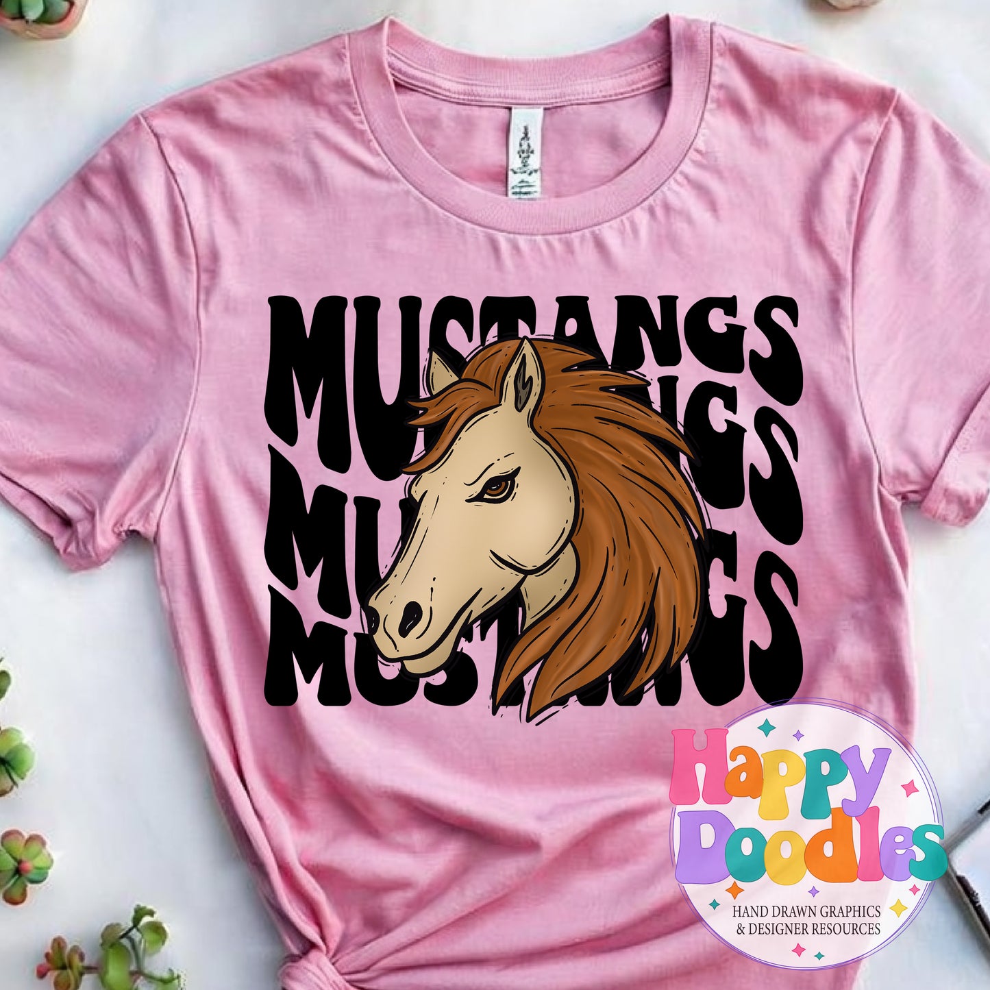 Wavy Retro Mustangs Mascot Printable PNG T‑Shirt Design - Happy Doodles Designs
