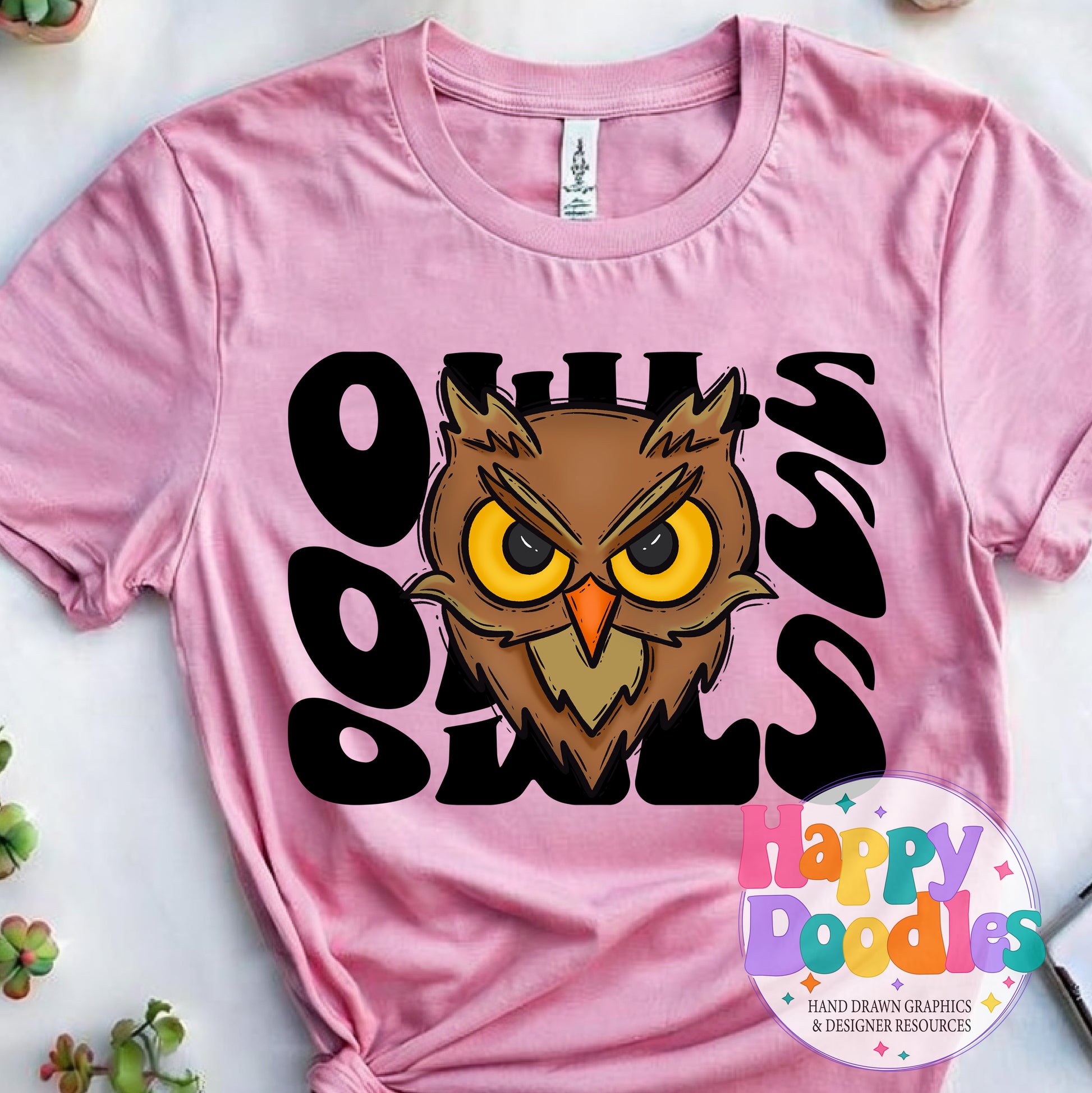 Wavy Retro Owls Mascot DIY Printable T‑Shirt Design - Happy Doodles Designs