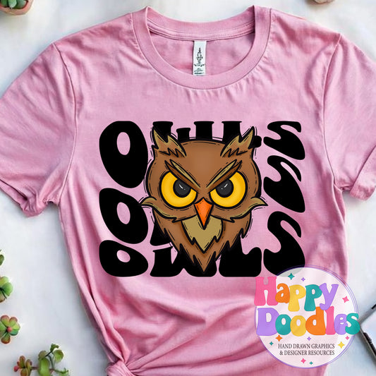 Wavy Retro Owls Mascot DIY Printable T‑Shirt Design - Happy Doodles Designs