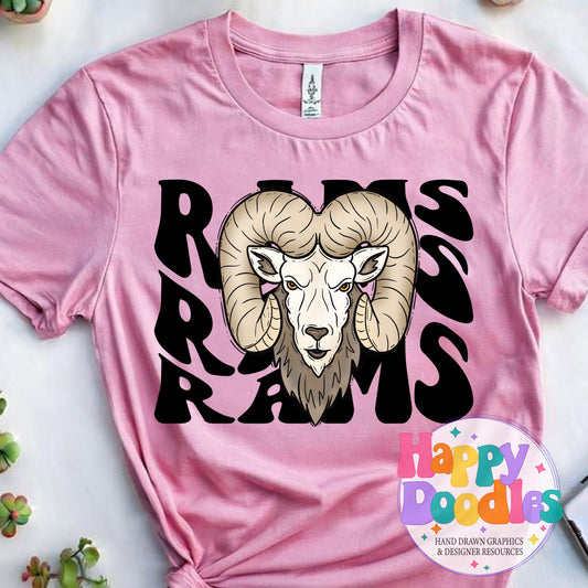 Wavy Retro Rams Mascot Printable PNG for Sublimation & Crafts - Happy Doodles Designs