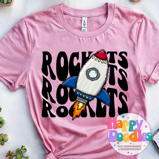 Wavy Retro Rockets Mascot Printable PNG T‑Shirt Design - Happy Doodles Designs