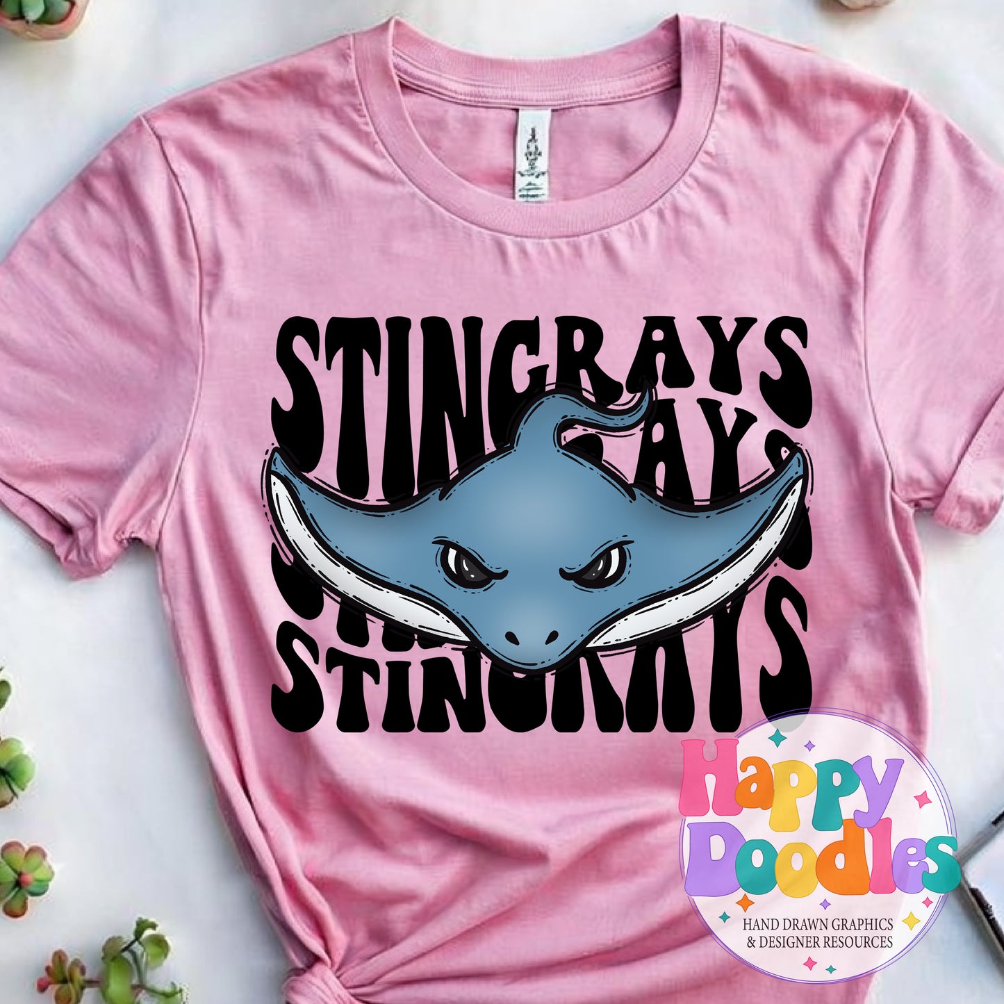 Wavy Retro Stingrays Mascot Printable PNG T‑Shirt Design - Happy Doodles Designs