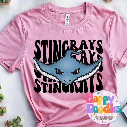 Wavy Retro Stingrays Mascot Printable PNG T‑Shirt Design - Happy Doodles Designs