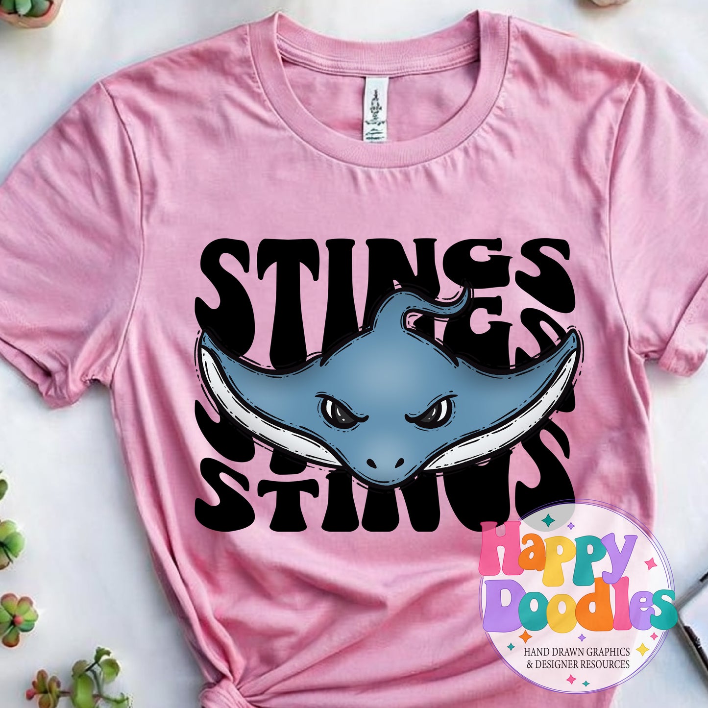 Wavy Retro Stings Mascot Printable PNG T‑Shirt Design - Happy Doodles Designs
