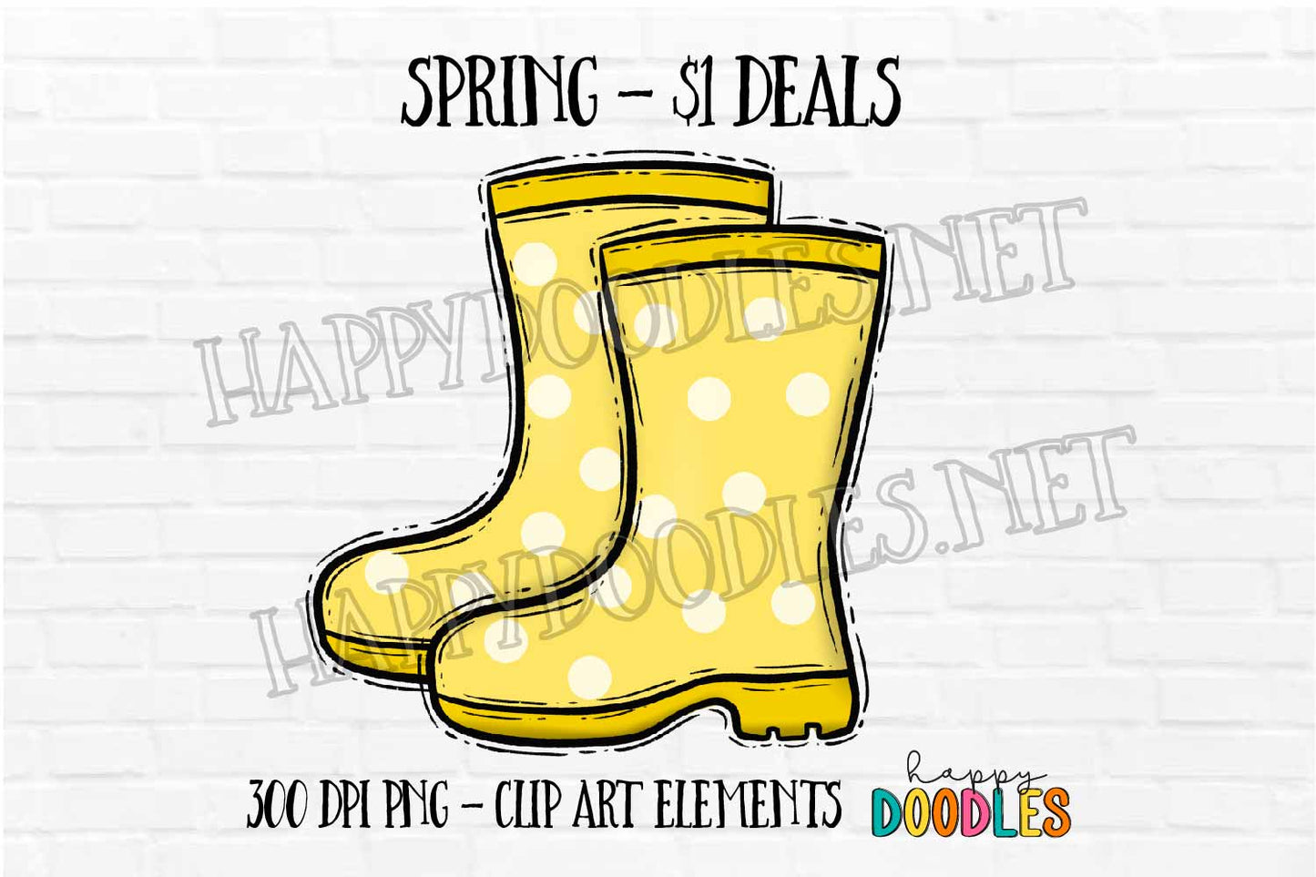 Yellow Rain Boots -  Spring $1 Deal - Hand Drawn Commercial Use Clipart Graphics