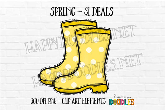 Yellow Rain Boots -  Spring $1 Deal - Hand Drawn Commercial Use Clipart Graphics