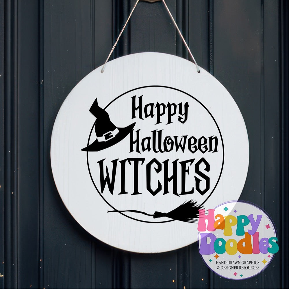 Halloween Sign Circle Happy Halloween Witches SVG | Festive Door Sign SVG for Crafts