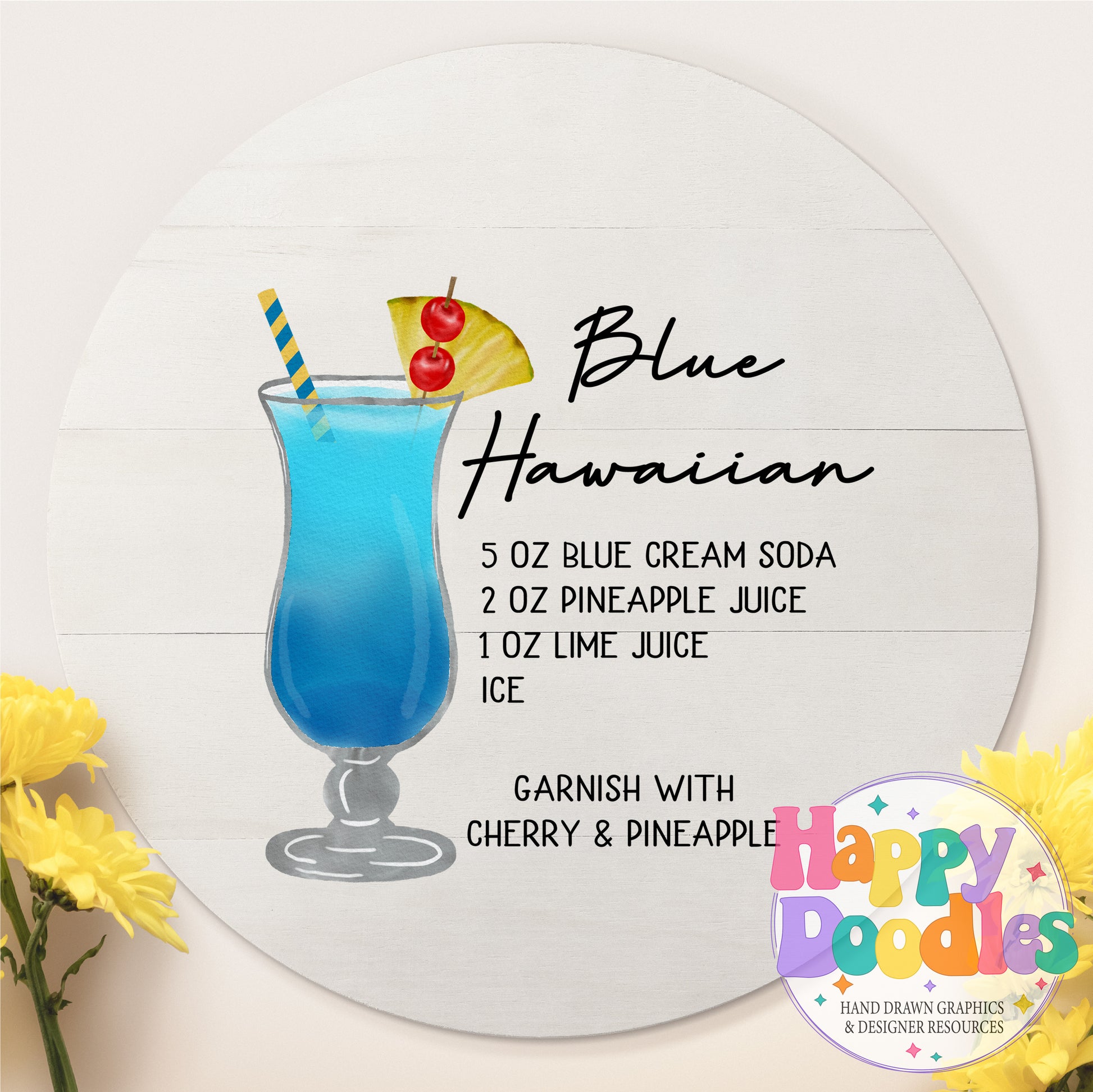 Blue Hawaiian Recipe Bar Cart Printable PNG - Happy Doodles Designs