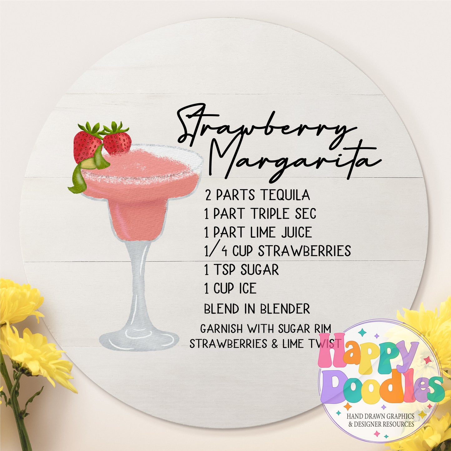 Strawberry Margarita Bar Cart Printable PNG - Happy Doodles Designs